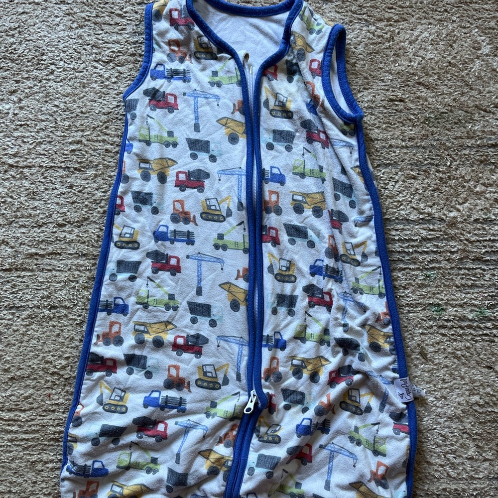 Blue and White Sleep Sack Pajamas with Vehicle Print